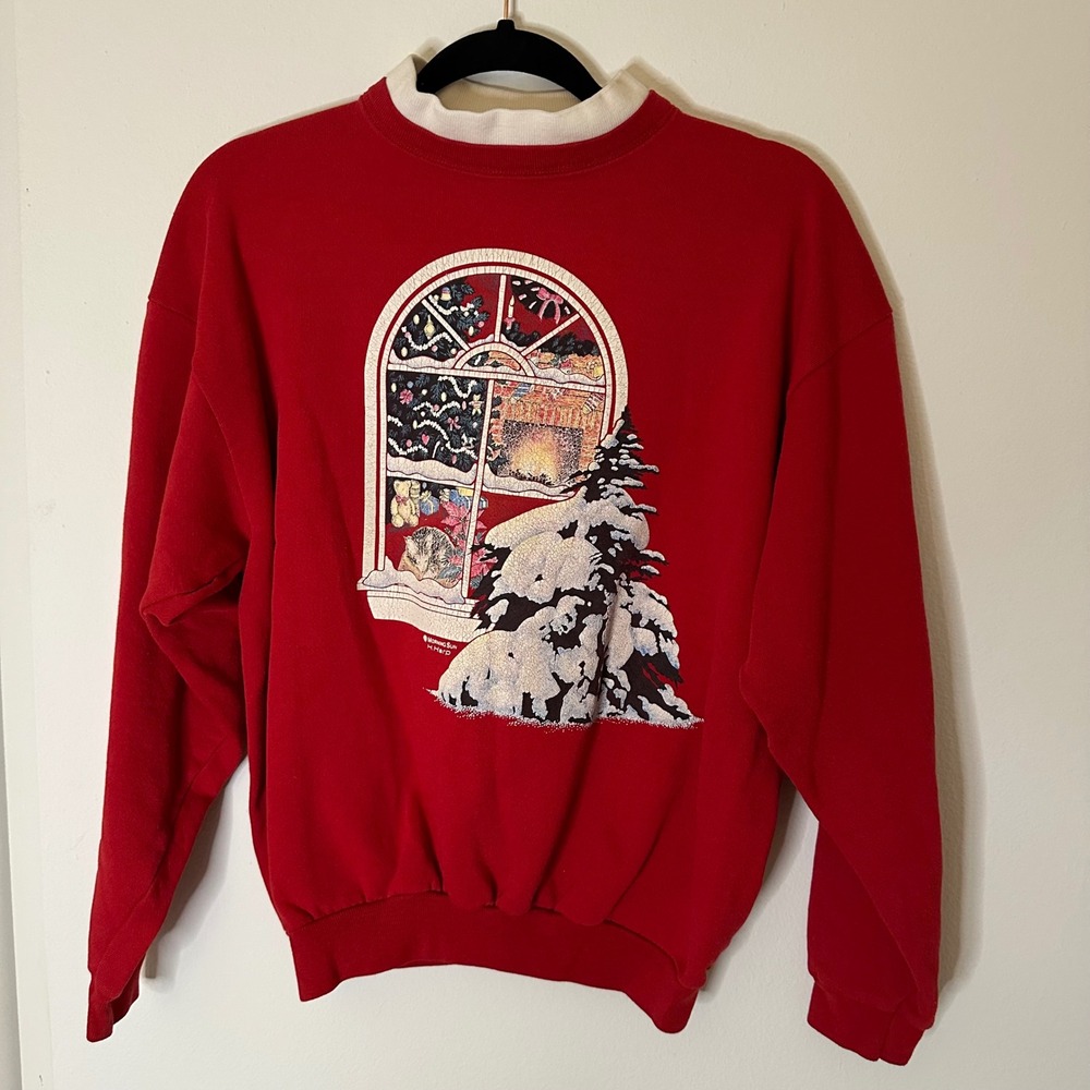 Grandmacore Vintage Christmas Winter Holiday Red Crewneck Sweater Petite Medium